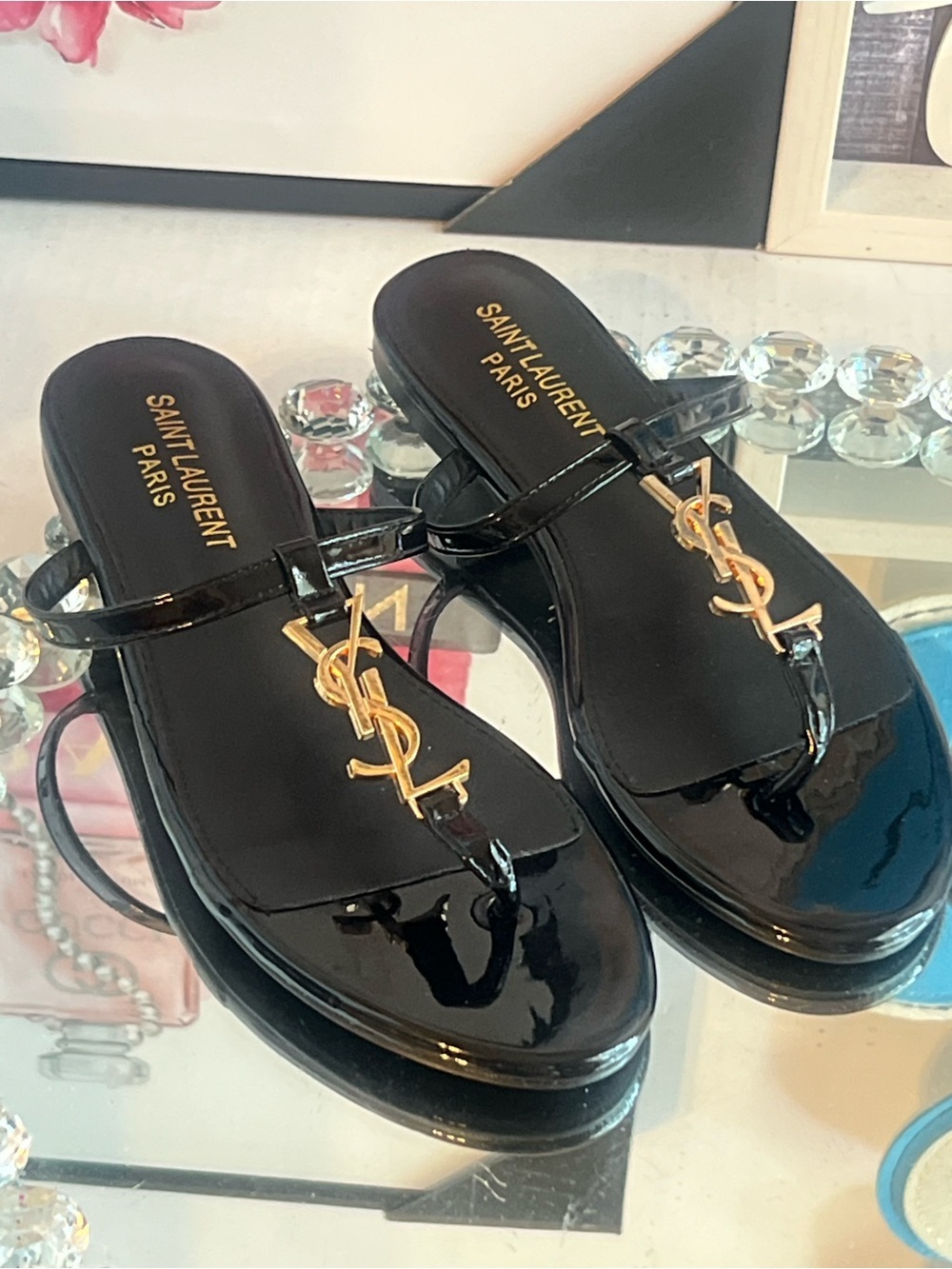Yves Saint Laurent Black Patent Thong Sandals with Gold YSL Logo